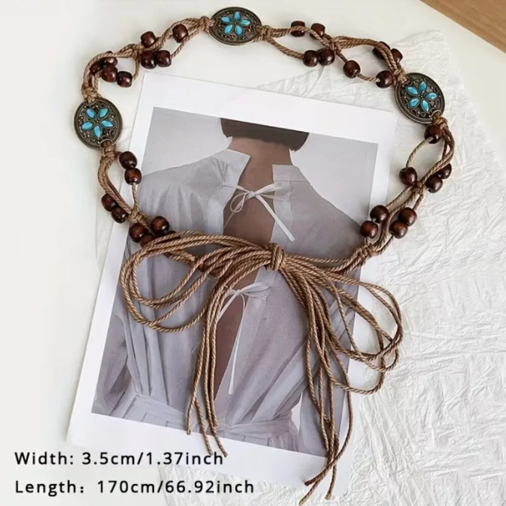 Boho Rope Belt Teal Rhinestone Bronze Floral Medallion Beaded Tie Waist 67